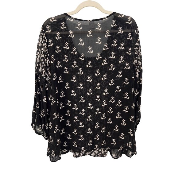 Bila Top Size XXL Crochet Lace Floral Print 3/4 Sleeve Black Cream Witchy Boho - Picture 2 of 7